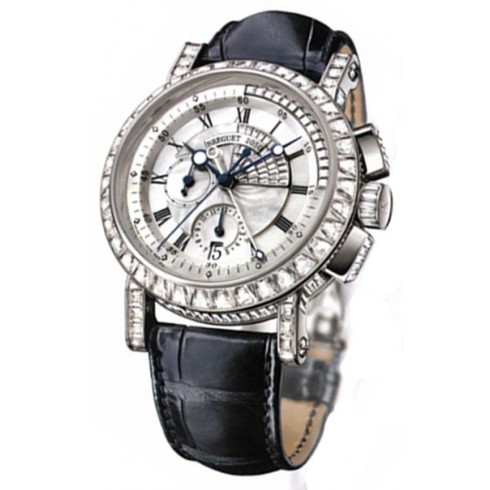 Breguet Marine Chronograph Mother of Pearl Diamond Dial 18kt White Gold Black Leather Men's Watch 5829BB8D9ZUDD0D watches