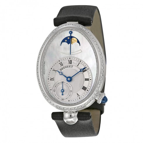 Breguet Reine De Naples Mother of Pearl Dial 18kt White Gold Diamond Black Satin Ladies Watch 8908BB52864D00D watches