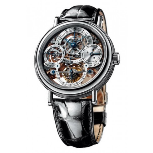 Replica Breguet Tourbillion Skeleton Dial Platinum Black Leather Men's Watch 3755PR1E9V6 Watch