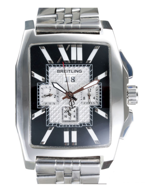 Breitling Bentley Flying B Chronograph Black Dial Steel Mens Silver Cow Leather Strap Watch watches