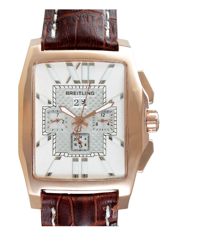 Breitling Bentley Flying B Chronograph Brown Leather Rectangle White Dial Rose Gold Case Watch watches