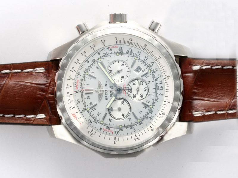 Breitling Bentley Motors A25362 Round Brown Crocodile Leather Strap White Dial Watch watches