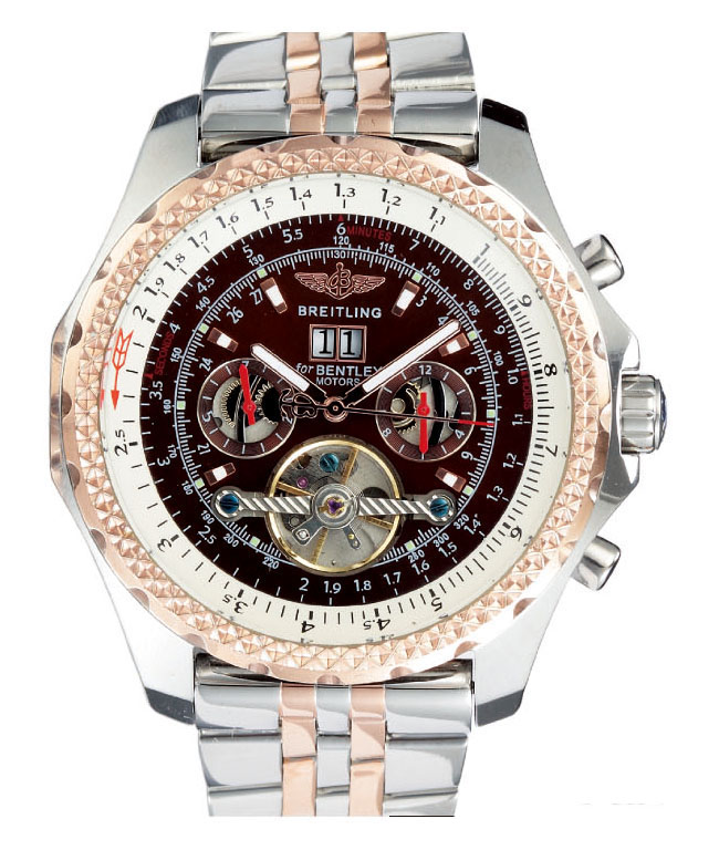 Breitling Bentley Motors Mulliner Tourbillon A 25363 Brown Dial Silver Rose Gold Strap Round Watch watches