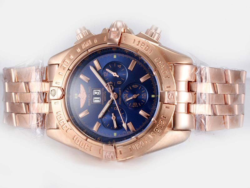Breitling Blackbird Chronograph mit UTC A13350 Gold Rose Gold Strap Round Blue Dial Watch watches
