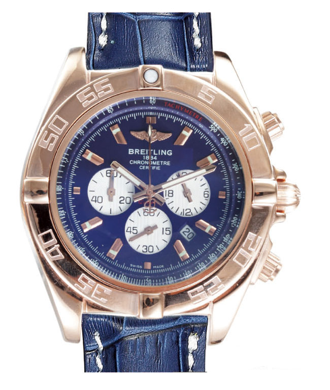Breitling Chronomat B01 AB011012/C788 Rose Gold Bezel Mens Blue Ostrich Leather Strap Watch watches