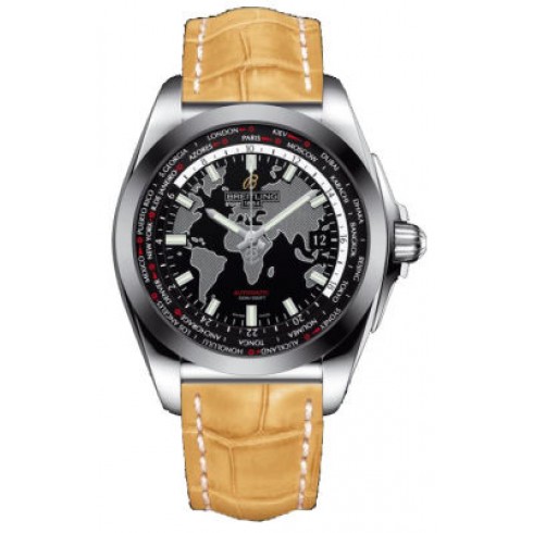 Breitling Galactic Unitime Black Dial Camel Crocodile Leather Men's Watch WB3510U4-BD94CMCD watches
