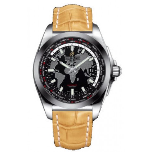 Breitling Galactic Unitime Black Dial Camel Crocodile Leather Men's Watch WB3510U4-BD94CMCT watches