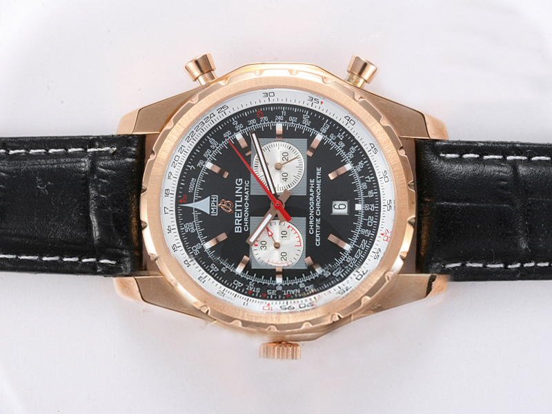 Breitling Navitimer Chrono-Matic Rose Gold Black Dial Black Cow Leather Strap Watch watches
