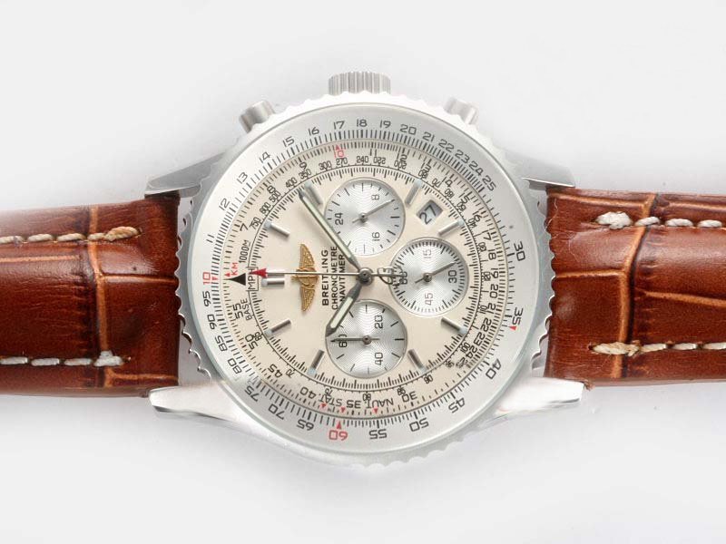 Breitling Navitimer Cosmonaute D23322 Round Brown Cow Leather Strap White Dial Watch watches