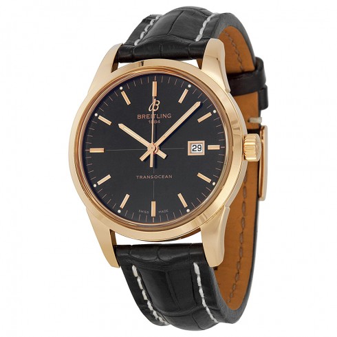 Breitling Transocean Black Dial Rose Gold Black Leather Automatic Men's Watch R1036012-BA92BKCT watches
