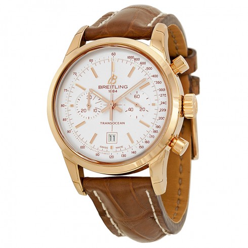 Breitling Transocean Chronograph 38 Silver Dial 18kt Rose Gold Leather Men's Watch R4131012-G758BRCT watches