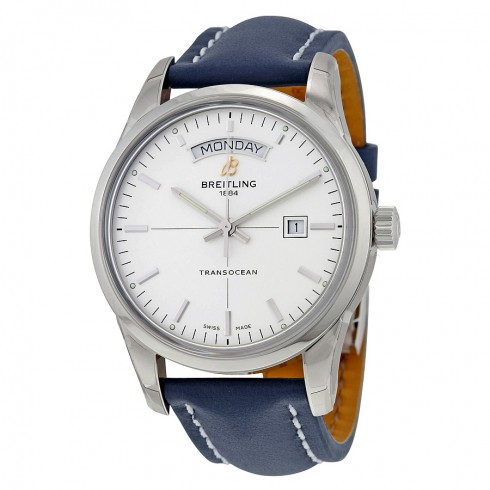 Breitling Transocean Day & Date Automatic Silver Dial Blue Leather Men's Watch A4531012-G751BLLT watches