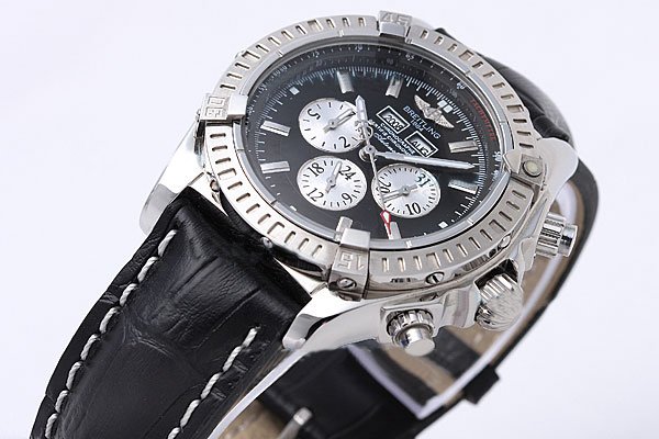 Breitling Windrider Chronomat Evolution Steel Round Black Crocodile Leather Strap Mens Watch watches