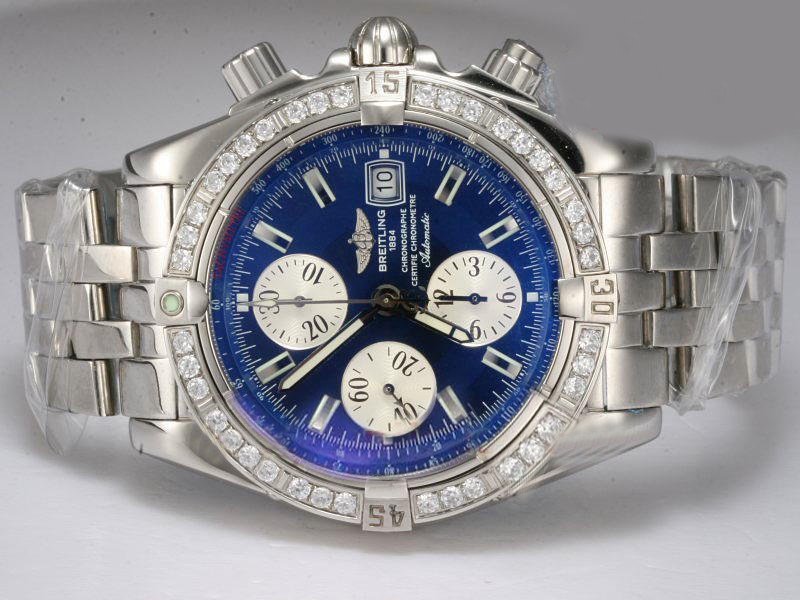 Breitling Windrider Chronomat Evolution Steel Silver Stainless Steel Strap Blue Dial Stainless Steel Bezel Watch watches