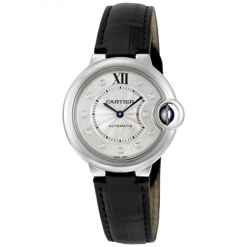 Cartier Ballon Bleu Automatic Silver Dial Diamond Black Leather Ladies Watch W4BB0009 watches