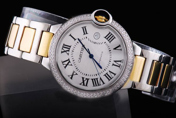 Cartier Ballon Bleu de Cartier w6920047 Gold Rose Gold Strap Mens Diamond Bezel Watch watches