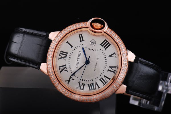 Cartier Ballon Bleu de Cartier WE900751 Mens Black Cow Leather Strap Diamond Bezel Watch watches