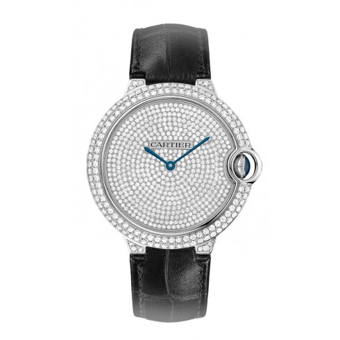 Cartier Ballon Bleu Diamond Pave Dial Black Leather Men's Watch WE902049 watches
