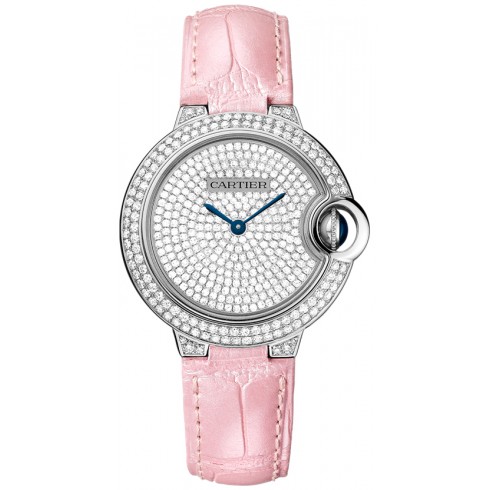 Cartier Ballon Bleu Diamond Pave Dial Pink Leather Ladies Watch WE902047 watches