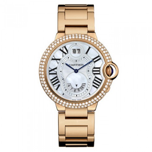 Cartier Ballon Bleu GMT Silver Dial Diamond Bezel Rose Gold Men's Watch WE902019 watches