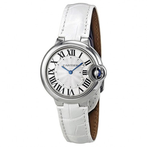 Cartier Ballon Bleu Silver Dial Stainless Steel White Leather Ladies Watch W6920086 watches