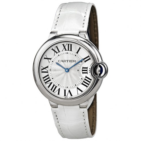 Cartier Ballon Bleu Silver Dial Stainless Steel White Leather Ladies Watch W6920087 watches