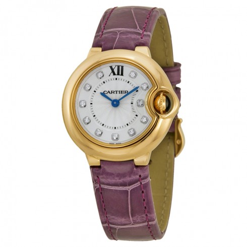 Cartier Ballon Bleu Silver Diamond Dial 18kt Rose Gold Purple Leather Ladies Watch WE902050 watches