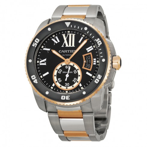 Cartier Calibre Black Dial Steel and Rose Gold Men's Watch W7100054 watches