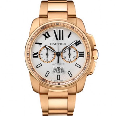 Replica Cartier Calibre de Cartier Silver Dial 18kt Pink Gold Automatic Men's Watch W7100047 Watch