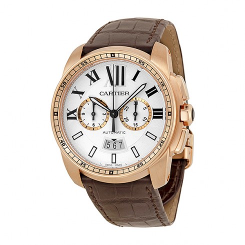 Replica Cartier Calibre de Cartier Silver Dial 18kt Rose Gold Brown Leather Automatic Men's Watch W7100044 Watch