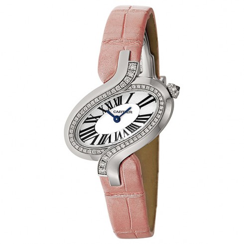 Cartier Delices Silver Dial 18kt White Gold Diamond Pink Leather Ladies Watch WG watches