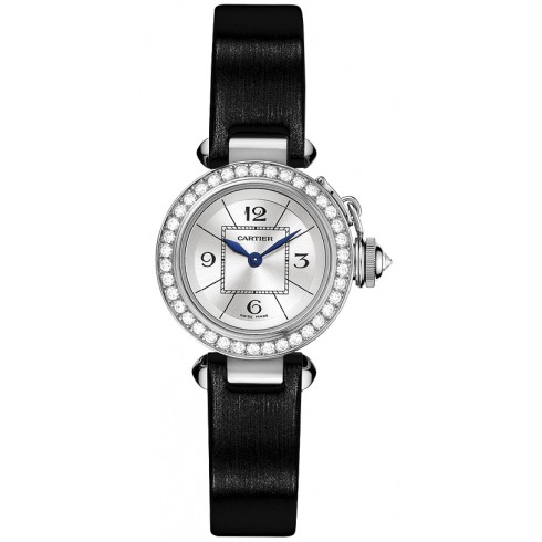 Cartier Miss Pasha Silver Dial White Gold Black Satin Ladies Watch WJ124027 watches