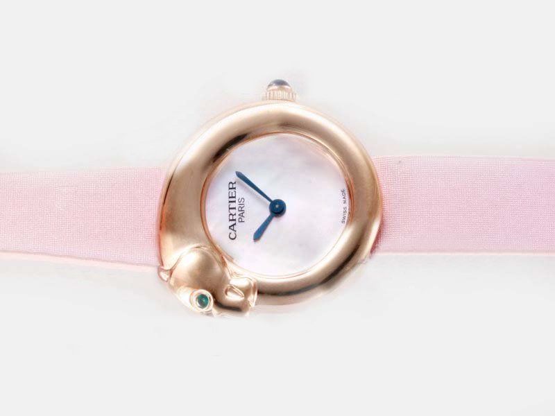Cartier Panther 82250 Pink Cow Leather Strap Round White Dial Watch watches