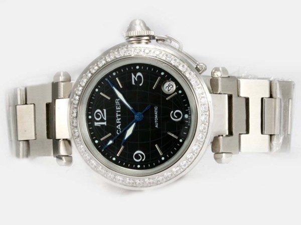 Cartier Pasha de Cartier W31047M7 Silver Stainless Steel Strap Black Dial Watch watches