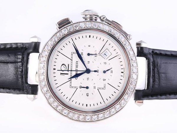 Cartier Pasha de Cartier WJ120251 Diamond Bezel White Dial Black Cow Leather Strap Watch watches