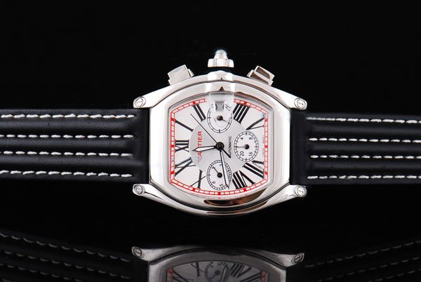 Cartier Roadster 2510 Mens Black Cow Leather Strap Stainless Steel Bezel Watch watches