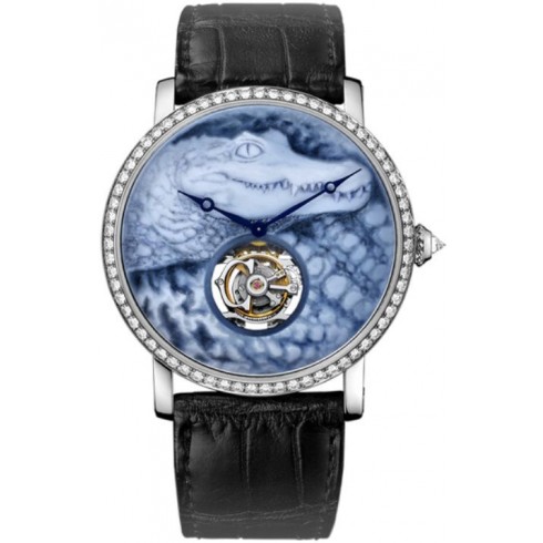 Cartier Rotonde 18K White Gold Natural Agate Cameo Crocodile Motif Dial Men's Watch HPI00689 watches