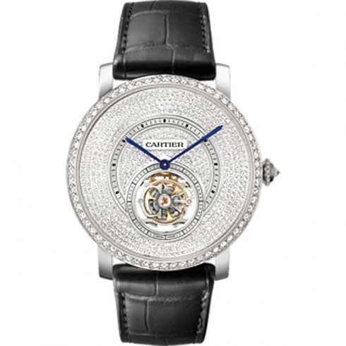 Cartier Rotonde Flying Tourbillion Diamond Pave Dia Black Leather Men's Watch HPI00592 watches
