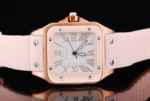 Cartier Santos 100 25232 29x40mm Pink Rubber Strap Womens Watch watches