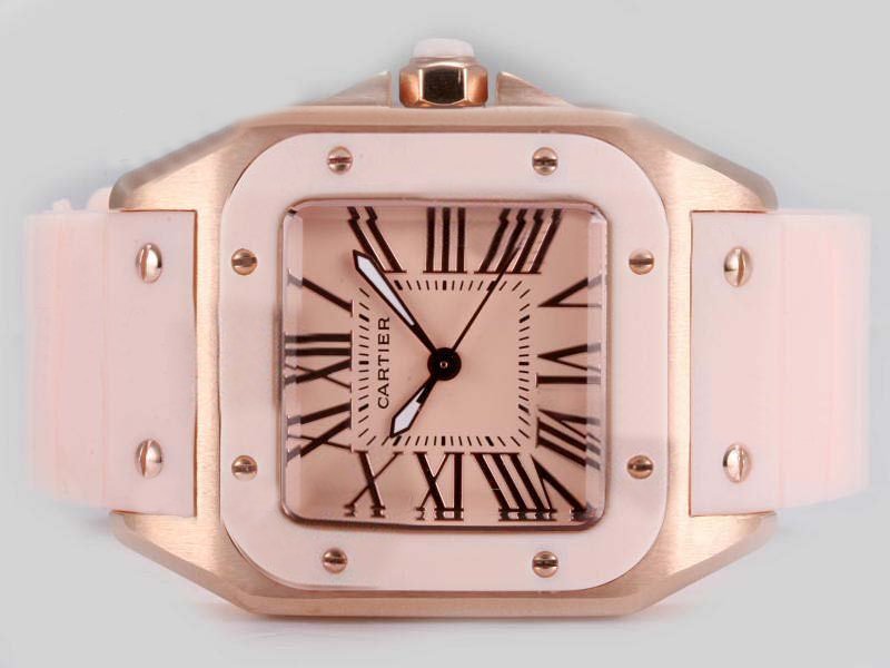 Cartier Santos 100 25232 Gold Dial Rose Gold Case 33x33mm Watch watches