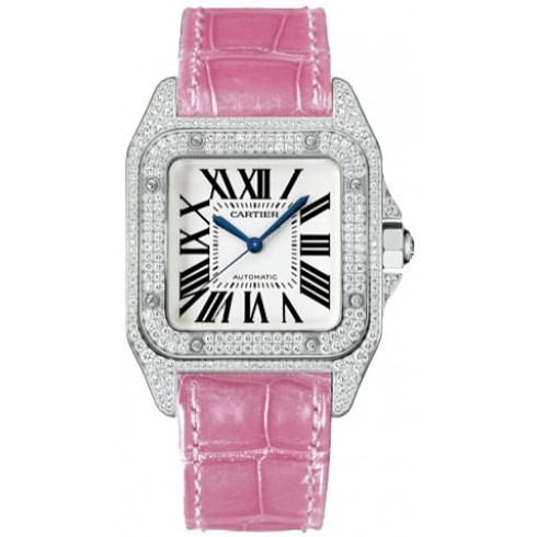 Cartier Santos 100 Diamond 18kt White Gold Pink Ladies Watch WM501751 watches