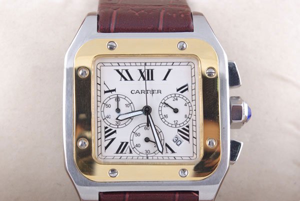 Cartier Santos 100 w20072x7 Mens 18k Gold Bezel Brown Crocodile Leather Strap Watch watches