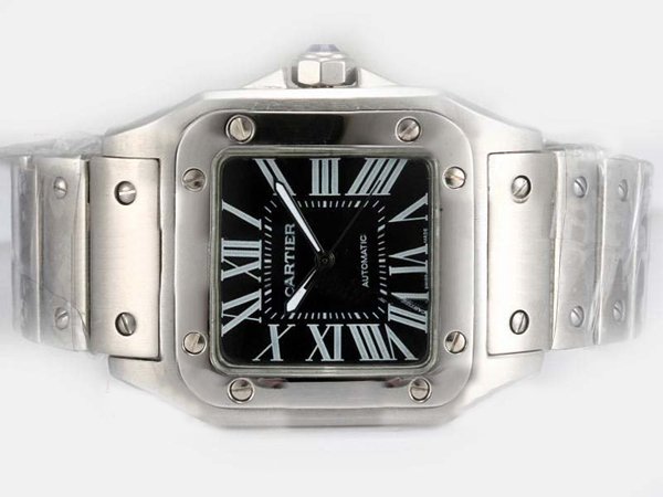 Cartier Santos 100 W200737G Stainless Steel Case Square Black Dial Watch watches