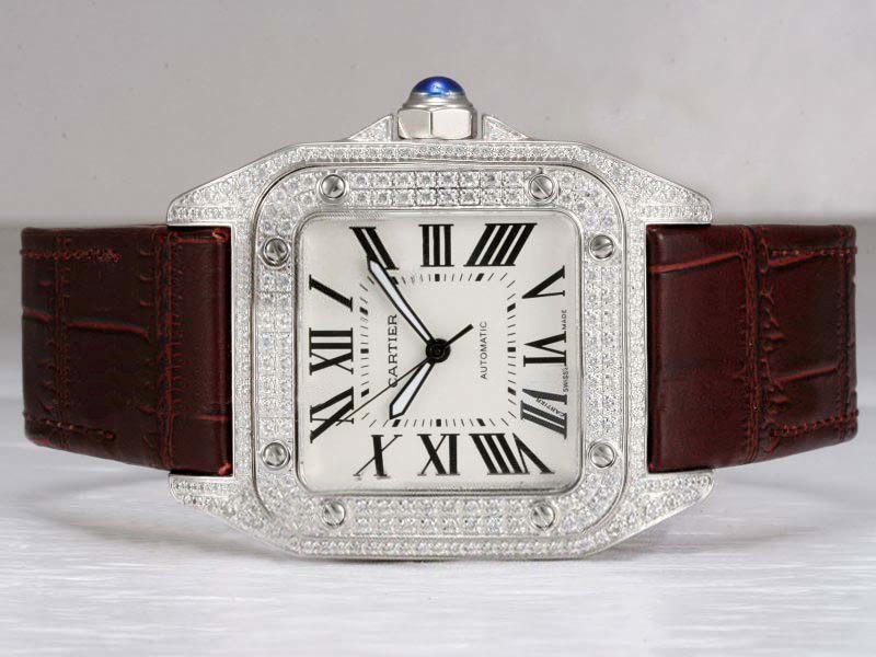 Cartier Santos 100 w20073x8 Brown Crocodile Leather Strap White Dial Square Watch watches
