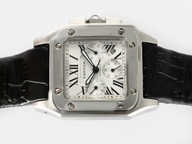 Cartier Santos 100 w20073x8 White Dial Square Black Ostrich Leather Strap Watch watches
