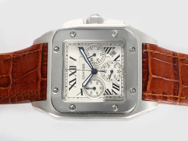 Cartier Santos 100 W20090X8 Stainless Steel Bezel Mens Brown Crocodile Leather Strap Watch watches