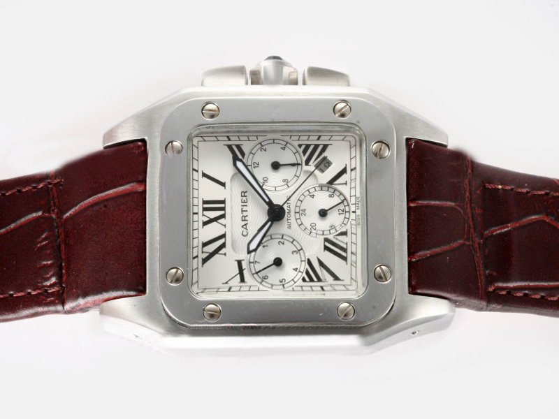 Cartier Santos 100 W20090X8 White Dial Square Brown Crocodile Leather Strap Watch watches