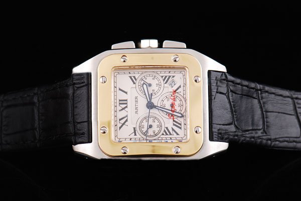 Cartier Santos 100 W20091X7 White Dial Square Black Crocodile Leather Strap Watch watches