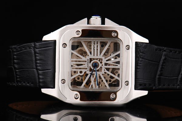 Cartier Santos 100 w20106x8 Black Crocodile Leather Strap Square Gold Dial Watch watches
