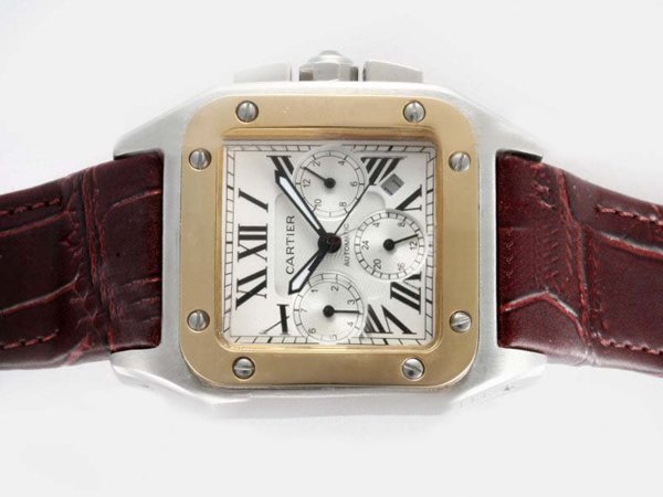 Cartier Santos 100 W20107X7 Square Mens Brown Crocodile Leather Strap Watch watches